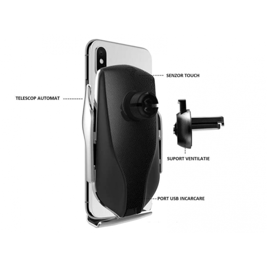 Incarcator Wireless Auto Universal, The Phone Closet, Cu Senzor Inteligent, Suport Smart Fast Charger 10w Clema Prindere Ventilatie Argintiu Silver