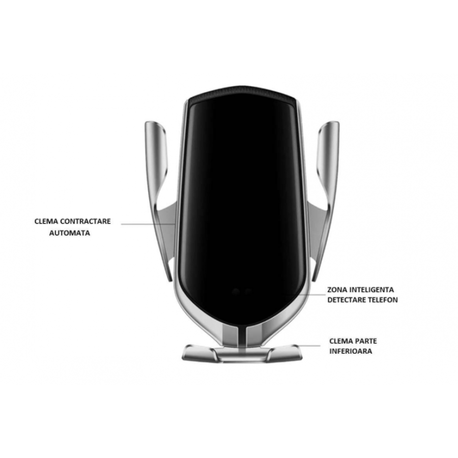 Incarcator Wireless Auto Universal, The Phone Closet, Cu Senzor Inteligent, Suport Smart Fast Charger 10w Clema Prindere Ventilatie Argintiu Silver