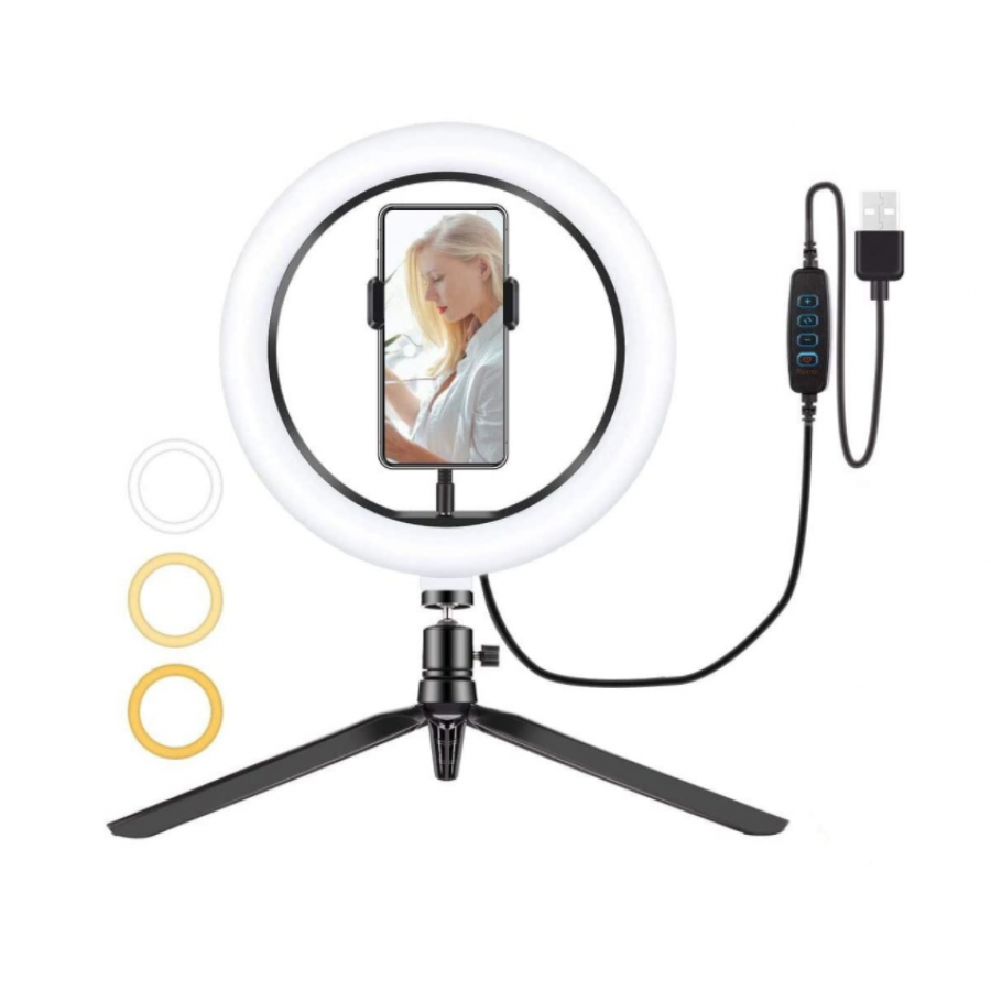 Lampa Circulara, Led, 15 W, 10 , 5 V, Usb, Suport Telefon, Trepied 50 Cm