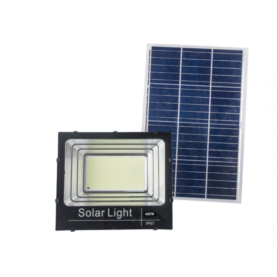 Proiector Solar Puternic 400w, 780 Led Smd, Panou Solar 50w 67x53.5 Cm Si Telecomanda Cu Functii Multiple De Setare A Intensitatii Luminoase Si Timpului De Functionare