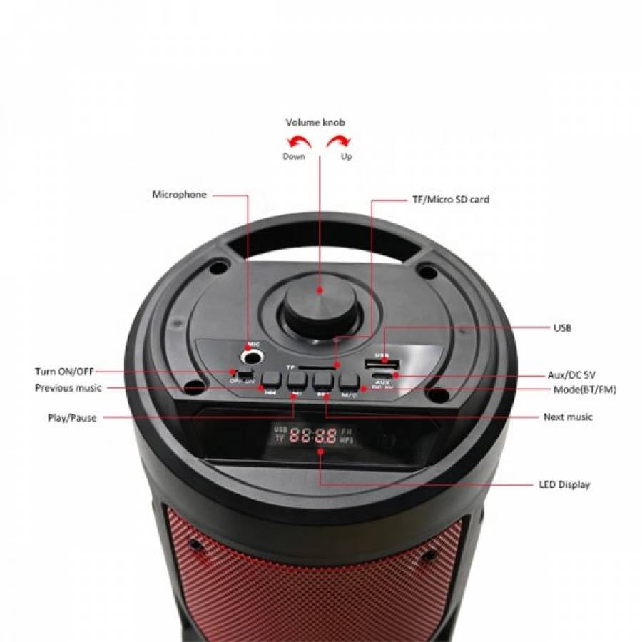 Boxa Klausstech Led Portabila, 10 W, Bluetooth, Usb Si Card Tf, Aux, Microsd, Radio Fm, Telecomanda, Rosu