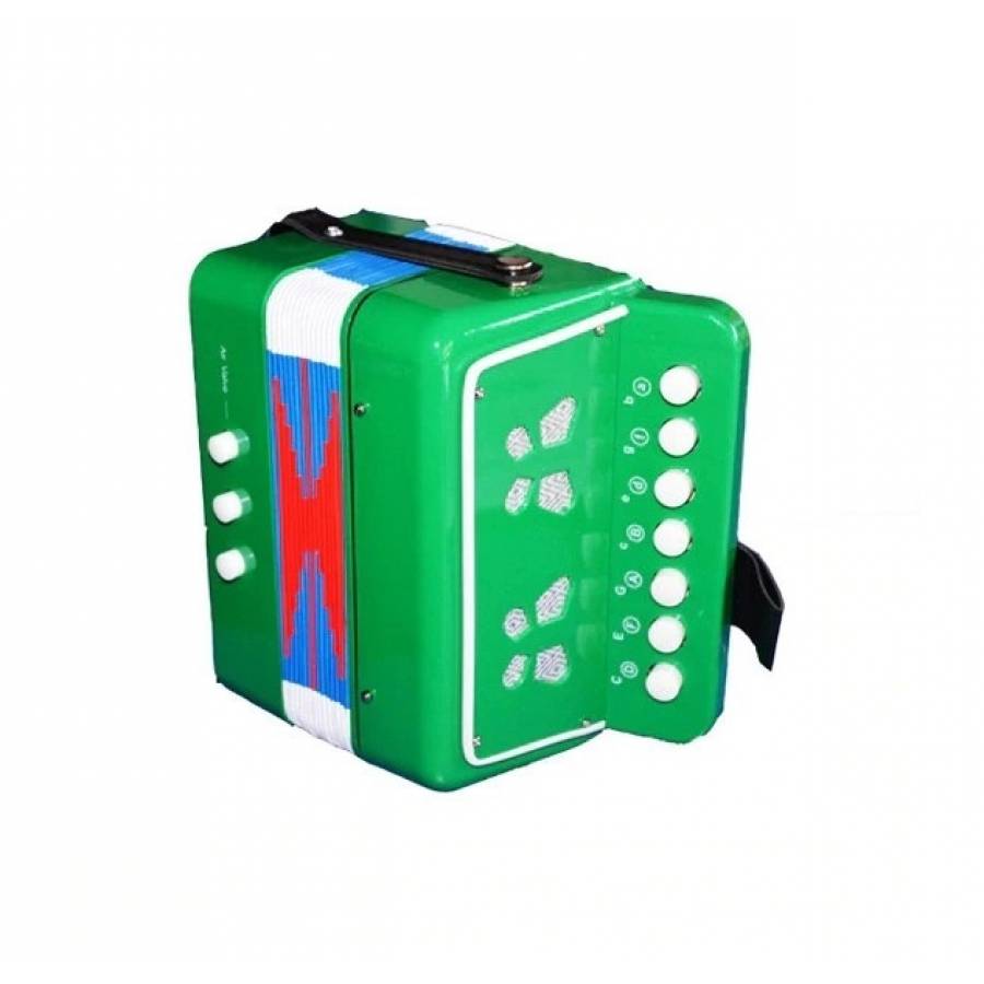 Acordeon pentru copii cu 14 tonuri, 7 clape si 3 basi, Curele de prindere, 17 x 10 x 17 cm, Verde