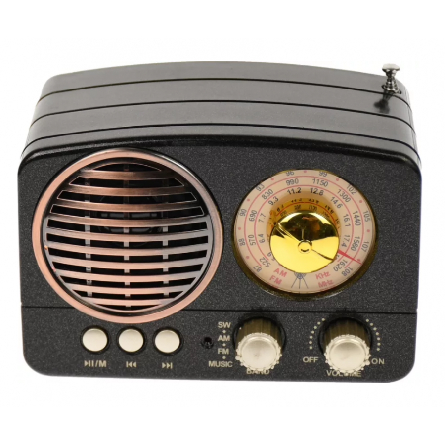 Radio Portabil cu Tuner FM, AUX, USB, Bluetooth, MicroSD, 2 W , Control volum, 14 x 8 x 11 cm, Retro, Negru