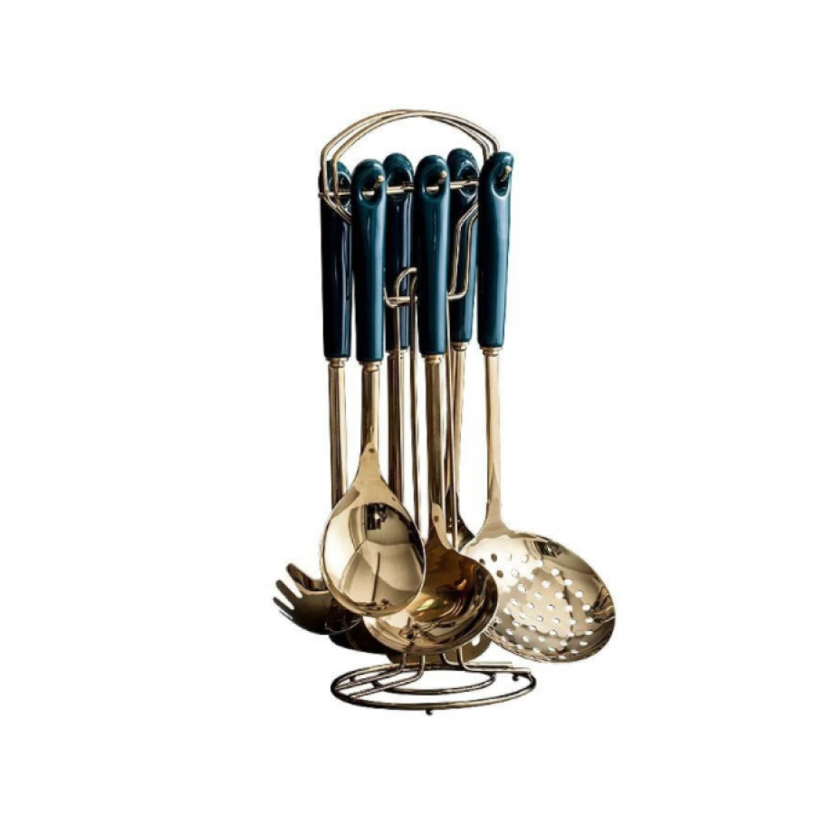 Set KlaussTech de 7 Ustensile de Bucatarie, Otel Inoxidabil, Manere ergonomice din ceramica, Culoare Auriu/Verde