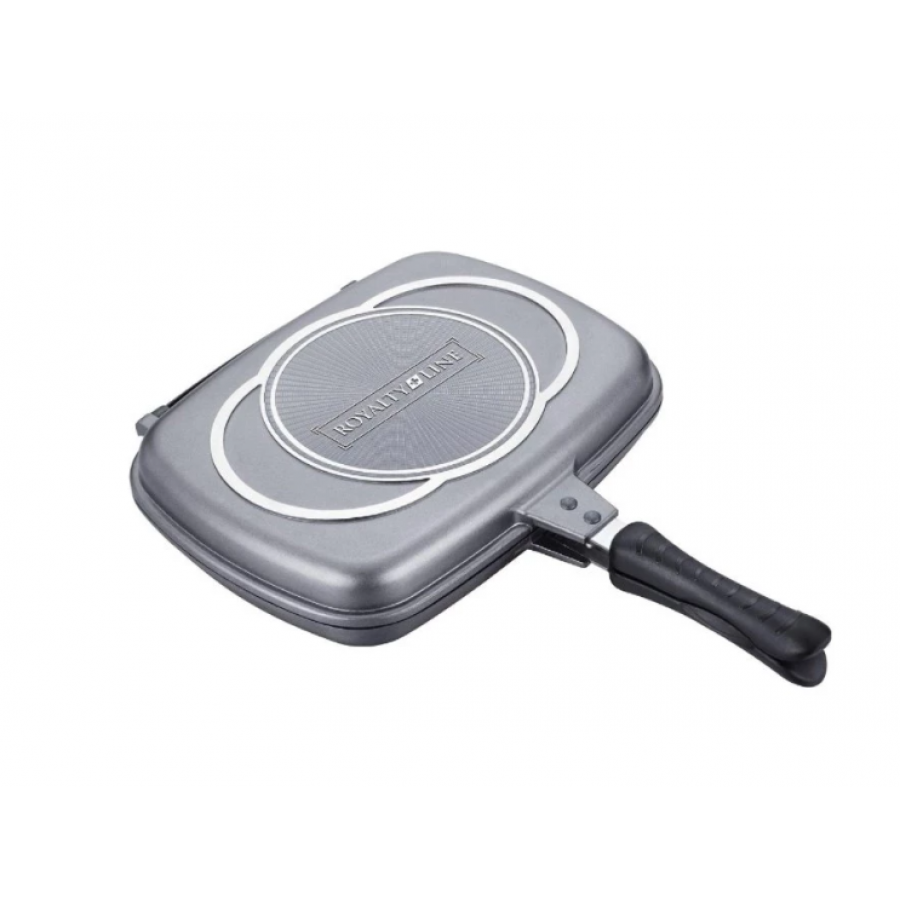 Tigaie Dubla Grill de 34 cm, Maner ergonomic, Aluminiu forjat, Acoperire din marmura, Dreptunghiulara, Argintiu