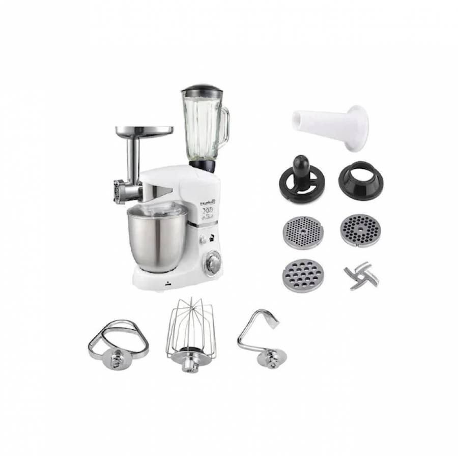 Robot De Bucatarie Multifunctional, 1000 W, 6 Trepte De Viteza, Capacitate Recipient 5 L, Bol Din Otel Inoxidabil Detasabil, Brat Cu Dispozitiv De Ridicare Si Inclinare, Accesorii Incluse, Sistem Anti-alunecare, Design Modern, Alb