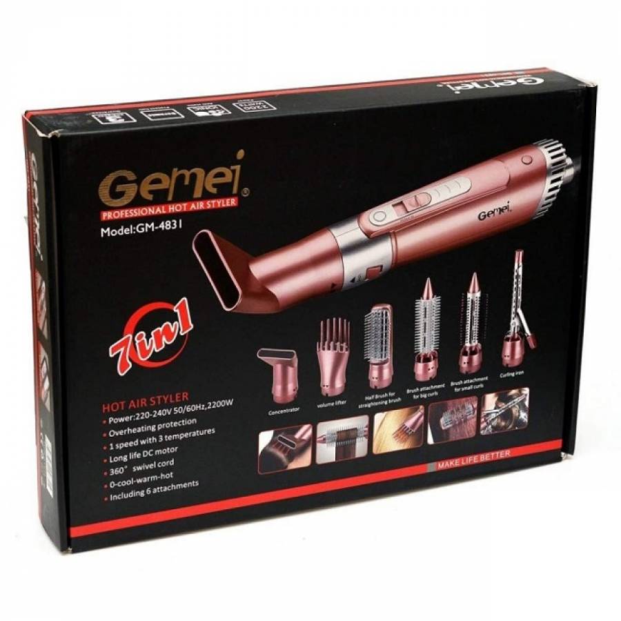 Set Uscator De Par Gemei,  7 Accesorii, 3 Trepte De Temperatura, 2200W,  Pink/Silver