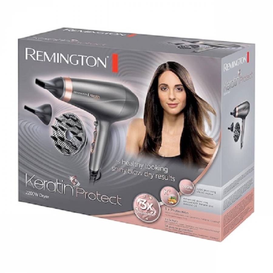 Uscator De Par Cu Motor Putere 2200 W Remington Keratin Protect, Inel Avansat Cu Cheratina Si Ulei De Migdale,90% Mai Multi Ioni, 3 Setari De Temperatura, Jet Aer Rece, 2 Nivele De Viteza, Difuzor Integrat, Agatatoare, Gri/Roz