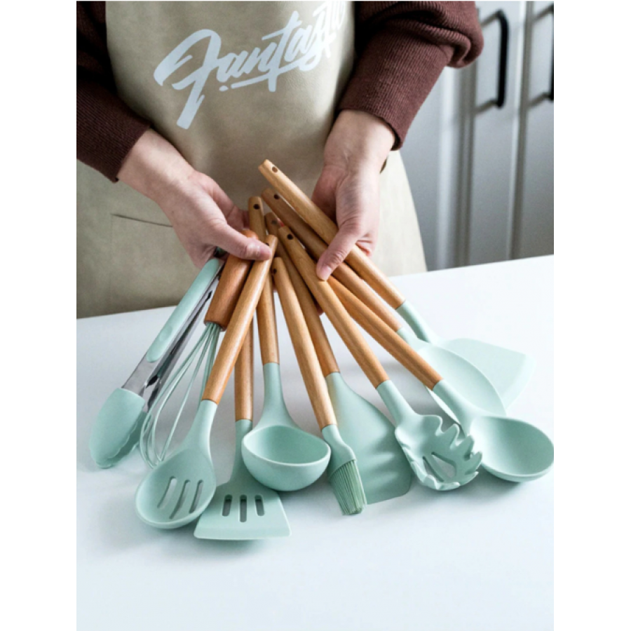 Set KlaussTech de 12 Ustensile de Bucatarie, Silicon Termorezistent, Manere ergonomice din lemn, Verde