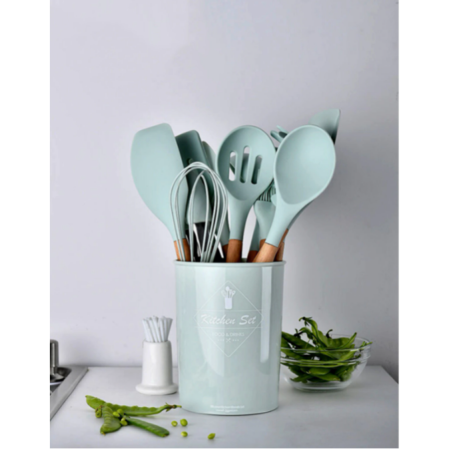 Set KlaussTech de 12 Ustensile de Bucatarie, Silicon Termorezistent, Manere ergonomice din lemn, Verde