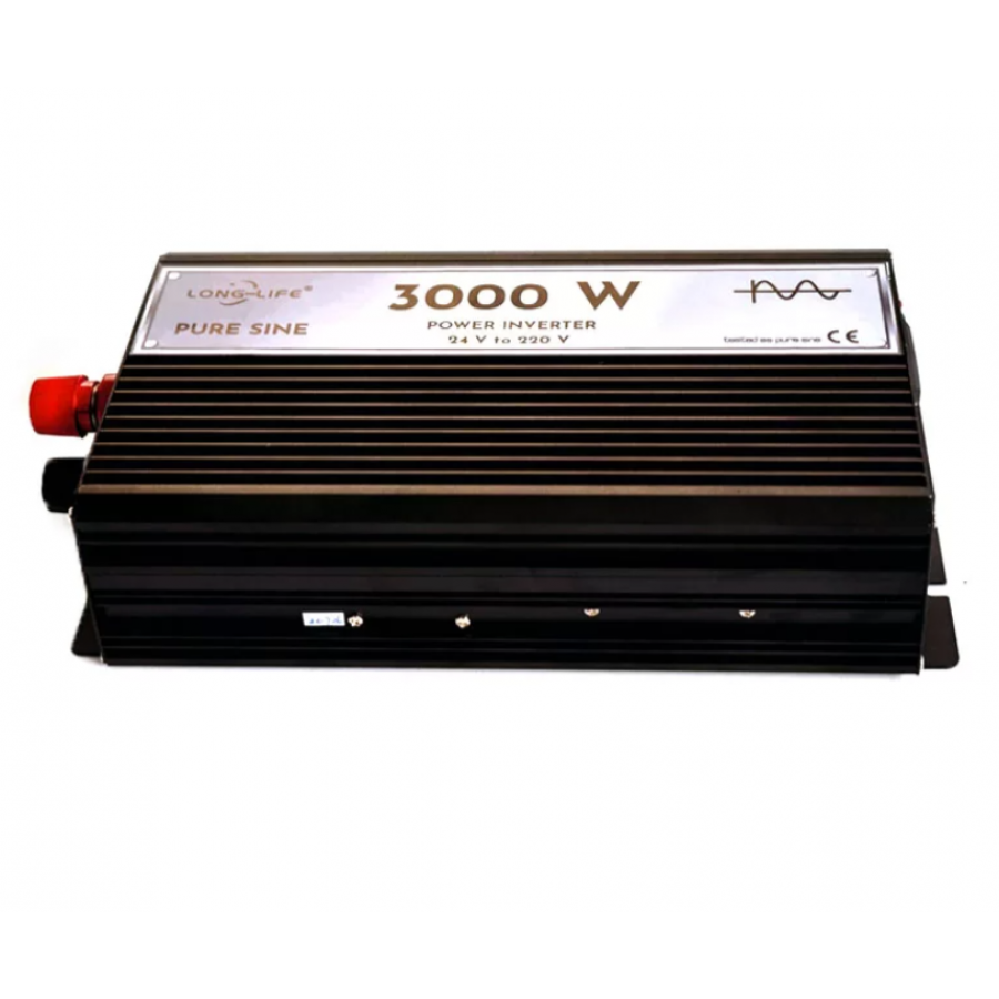 Invertor de 3000W cu Sinus Pur, Tensiune 24V-220V, Aliaj de aluminiu si magneziu, 8 Protectii, Negru