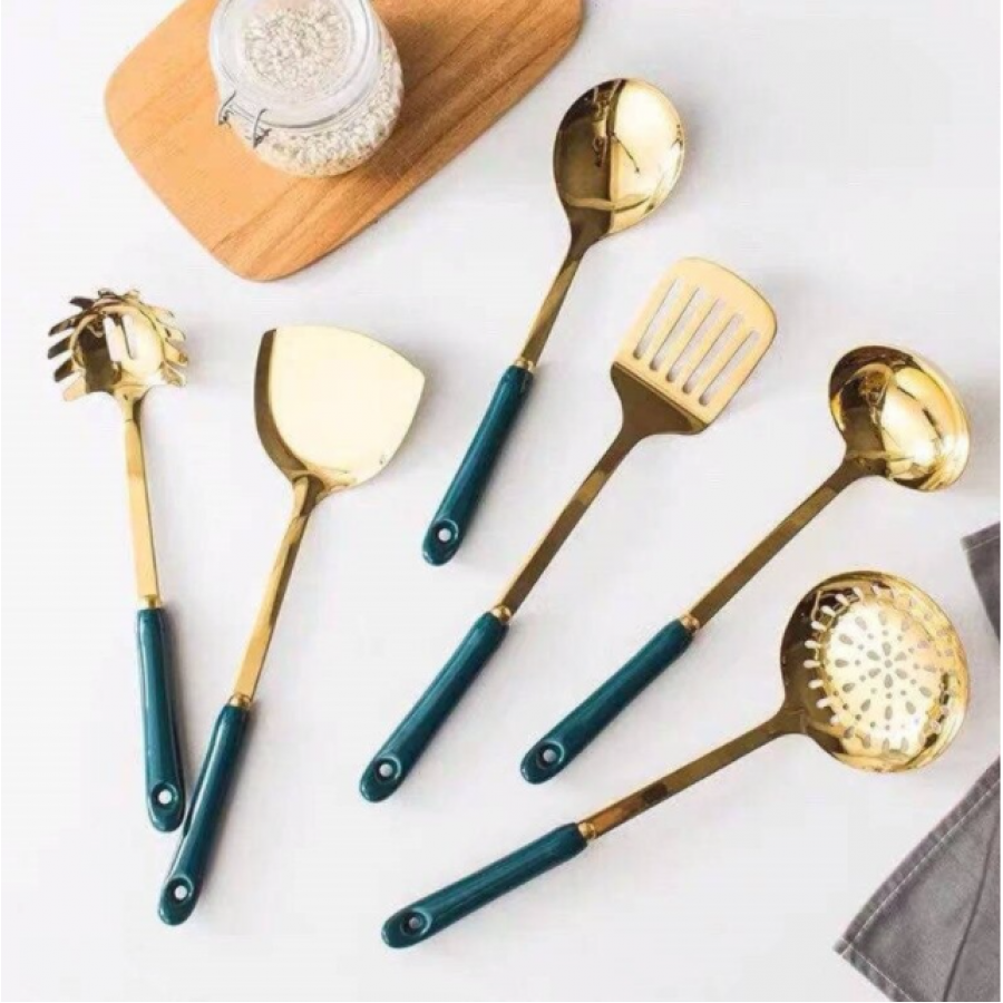 Set KlaussTech de 7 Ustensile de Bucatarie, Otel Inoxidabil, Manere ergonomice din ceramica, Culoare Auriu/Verde