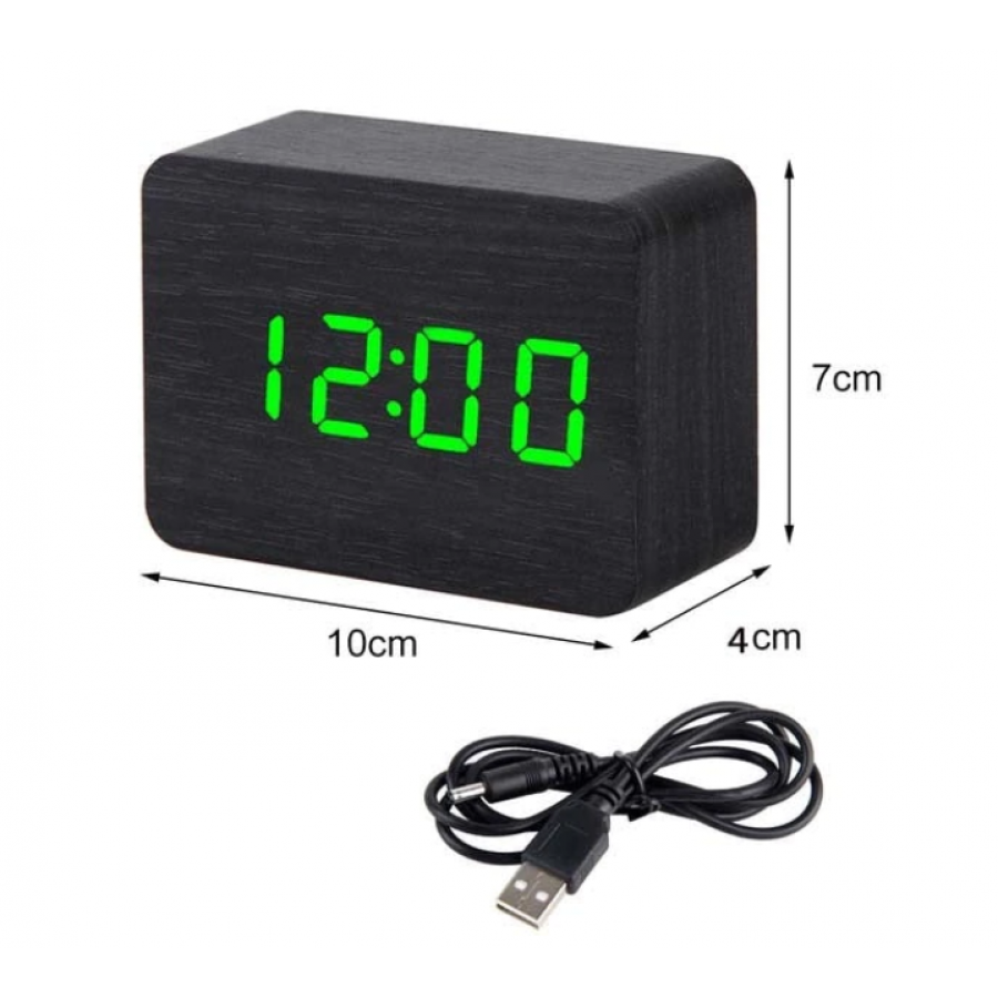 Ceas LED cu Alarma, Afisaj Temperatura si Data, Alimentare cu cablu USB, 10 x 4 x 7 cm, Activare sonora, Negru