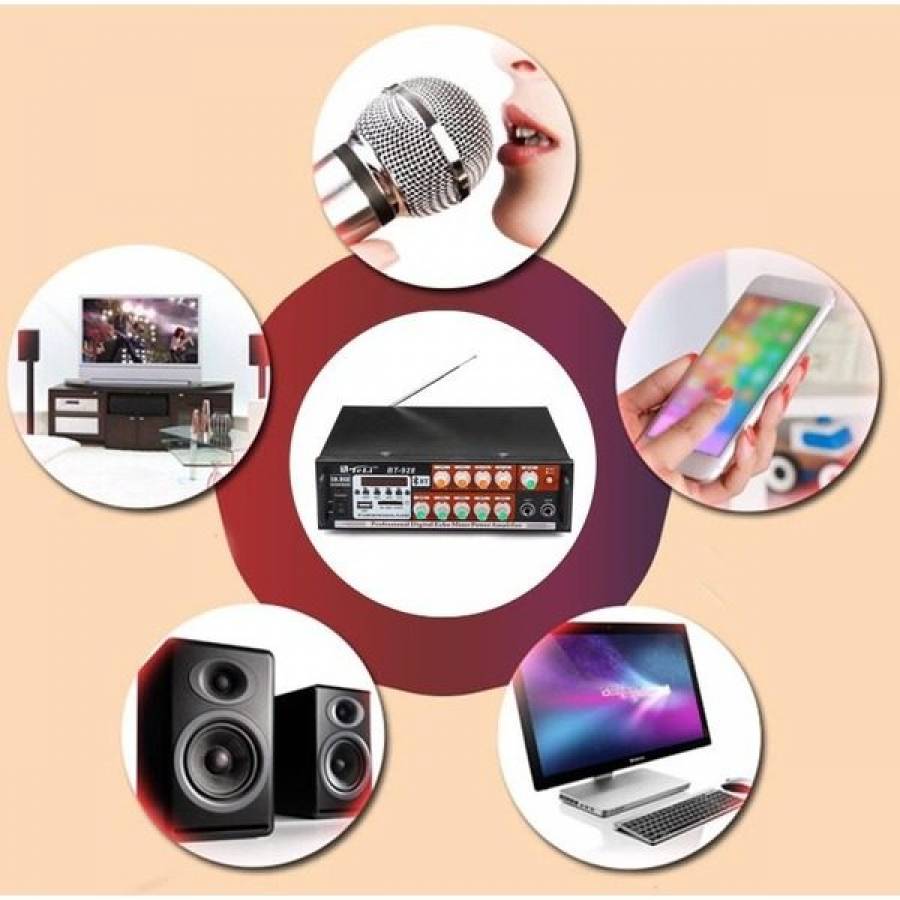 Amplificator Profesional Klausstech cu Bluetooth 120 W, 2 Canale, FM Radio, USB, Card SD, Telecomanda, 4 - 16 ohmi, Negru