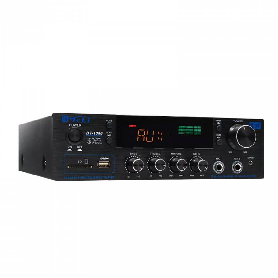 Amplificator Stereo Klausstech 2.0 cu Bluetooth, Telecomanda, USB, Cad SD, 2 x 400 W, 4Ω - 16Ω, Radio FM, Negru