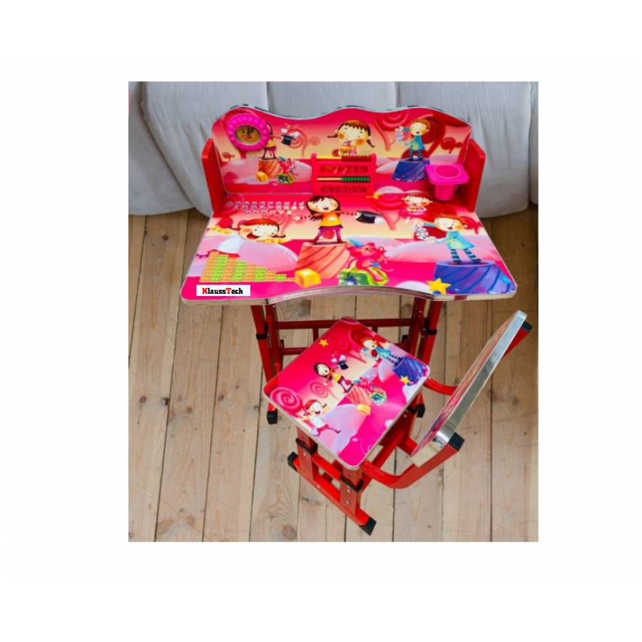 Birou KlaussTech cu scaun pentru copii, Blat MDF, Sarcina maxima 20 kg, Reglabile in 2 trepte, Cadru din aliaj metalic, Rosu