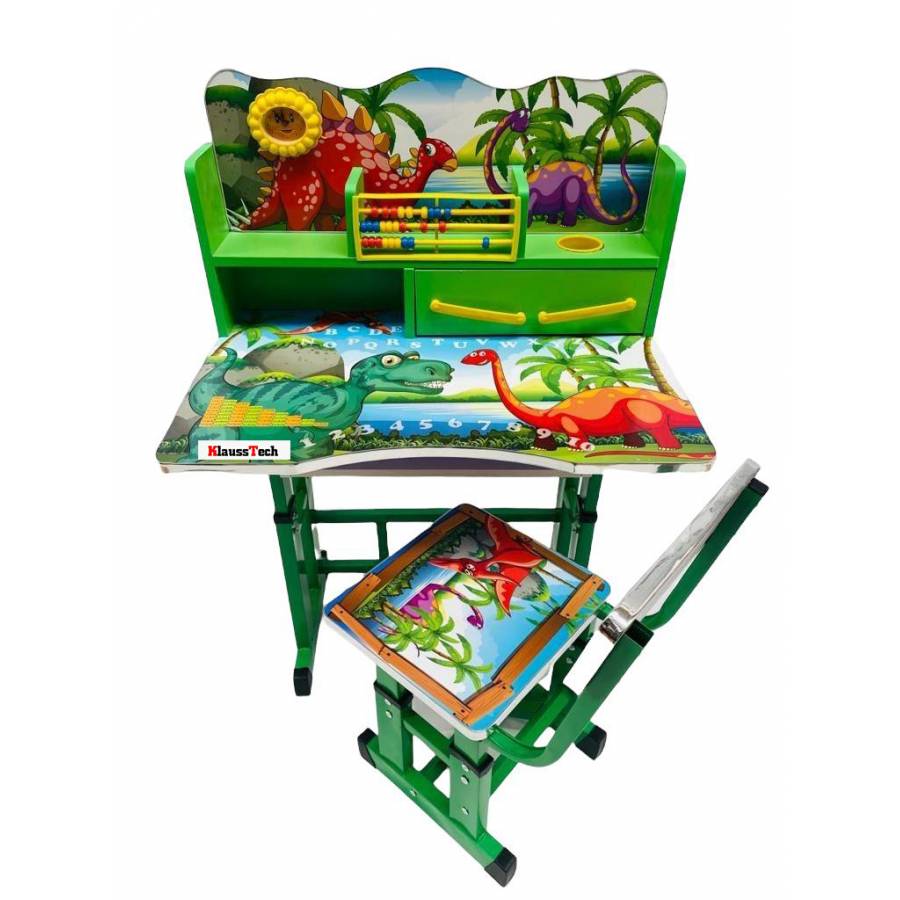 Birou mare KlaussTech cu scaun pentru copii, Cadru Metalic si Lemn, Birou 69x45x65 cm, Scaun 40x33x60 cm, Blat reglabil, Blat MDF, Multicolor