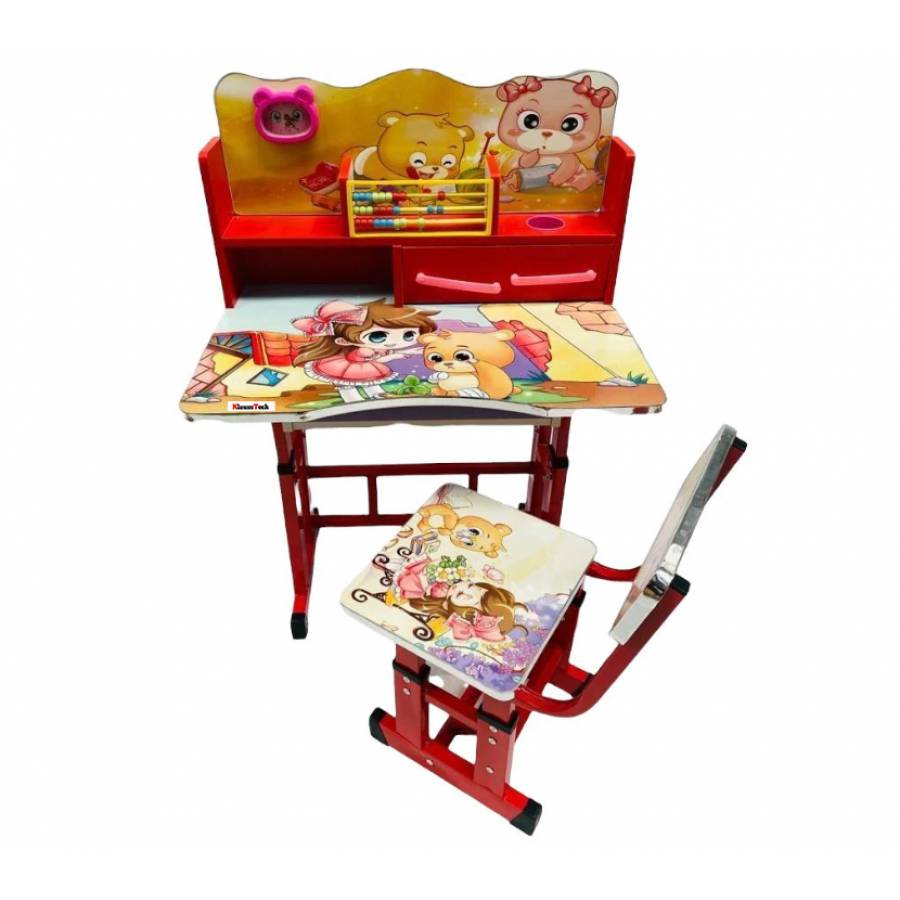 Birou mare KlaussTech cu scaun pentru copii, Cadru Metalic si Lemn, Birou 69x45x65 cm, Scaun 40x33x60 cm, Sezut reglabil, Blat MDF, Multicolor