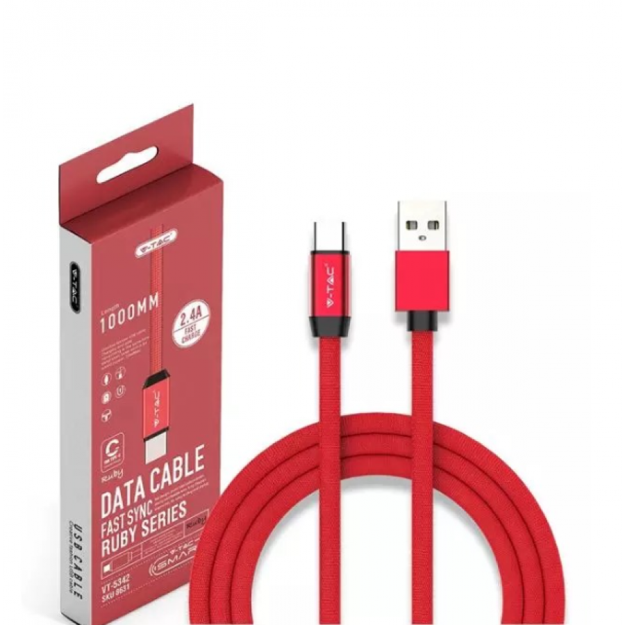 Cablu de date si incarcare, Lungime 1 m, Conector 1 USB 2.0, Conector 2 USB C, 2.4 A, Rosu