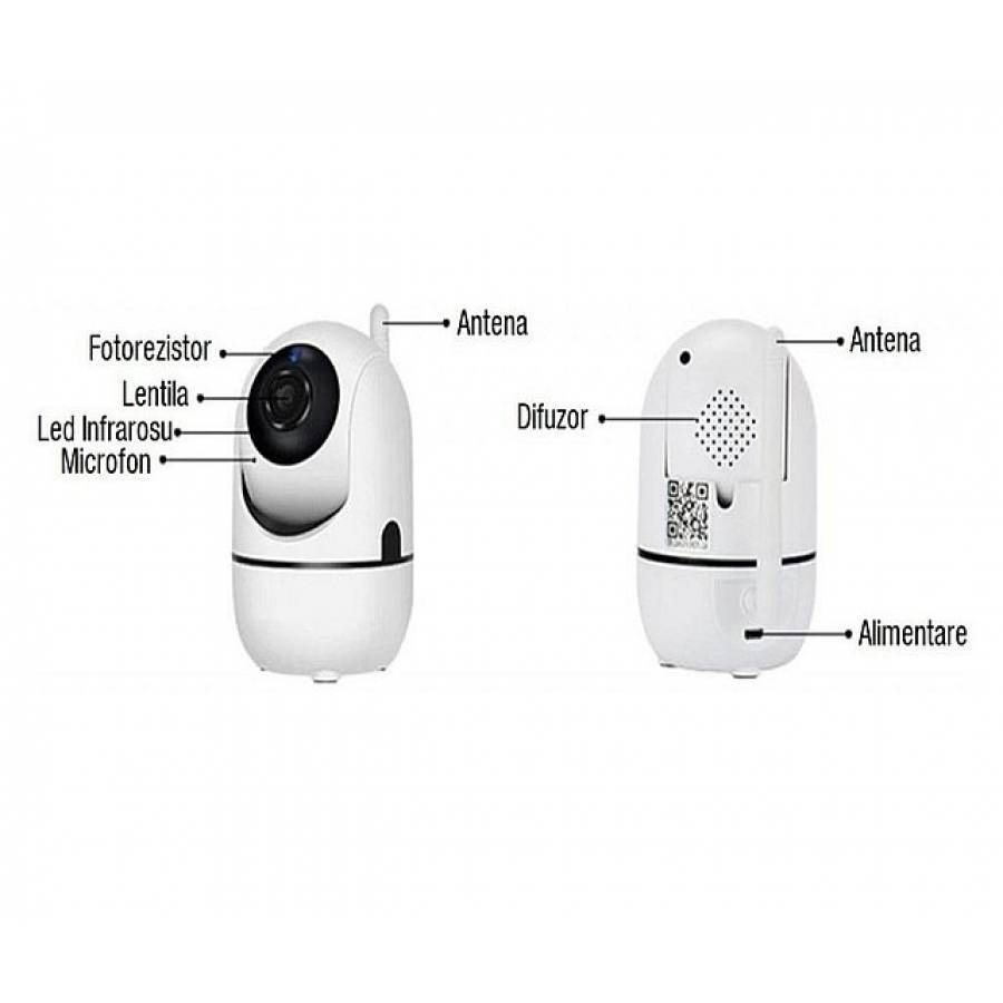 Camera KlaussTech WiFi de supraveghere 720p, Infrarosu, Detectare miscare, Slot TF Card, Alb
