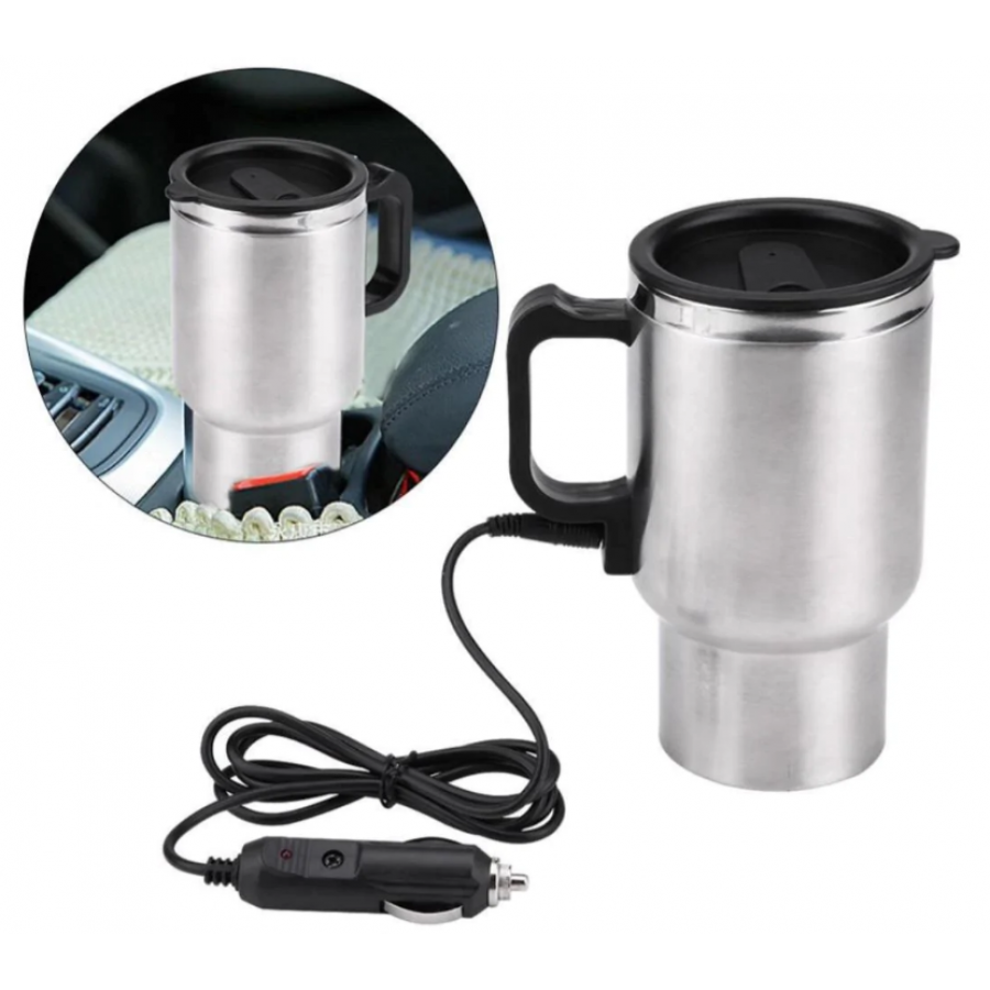 Cana Electrica KlaussTech Auto de 120 W, Alimentare 12 V,  Capacitate 450 ml, Otel inoxidabil, Temperatura incalzire 100 ℃, Argintiu/Negru