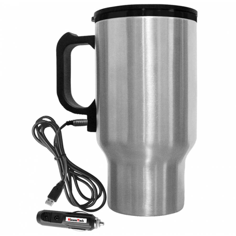 Cana Electrica KlaussTech Auto de 120 W, Alimentare 12 V,  Capacitate 450 ml, Otel inoxidabil, Temperatura incalzire 100 ℃, Argintiu/Negru