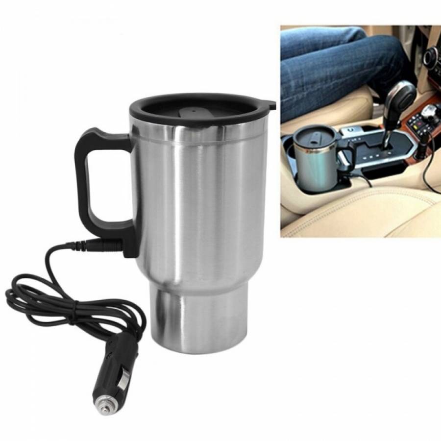 Cana Electrica KlaussTech Auto de 120 W, Alimentare 12 V,  Capacitate 450 ml, Otel inoxidabil, Temperatura incalzire 100 ℃, Argintiu/Negru