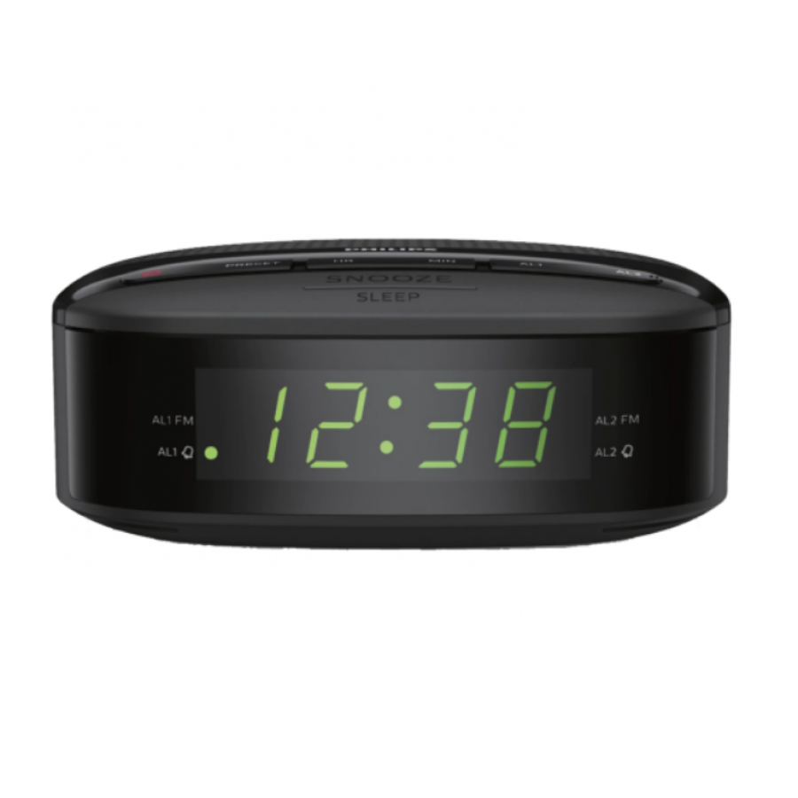 Radio Philips Portabil Digital cu ceas, Afisaj LED, 2 Alarme, Radio FM, Functie Snooze, Temporizator Standby, Modern, Negru