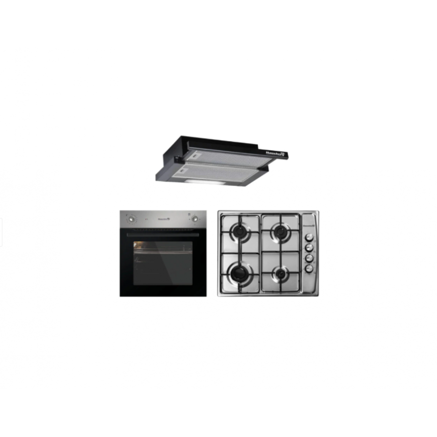 Set Cuptor Incorporabil, Clasa A, Inox, 57l, 2000w, Control Butoane, 3 Tipuri De Incalzire Si Plita Incorporabila, 4 Arzatoare, Gaz, Aprindere Electrica, Inox, 1000w Si Hota Incorporabila Telescopica,  Absorbtie 420 M3/h, 2 Motoare, Butoane, Clasa A