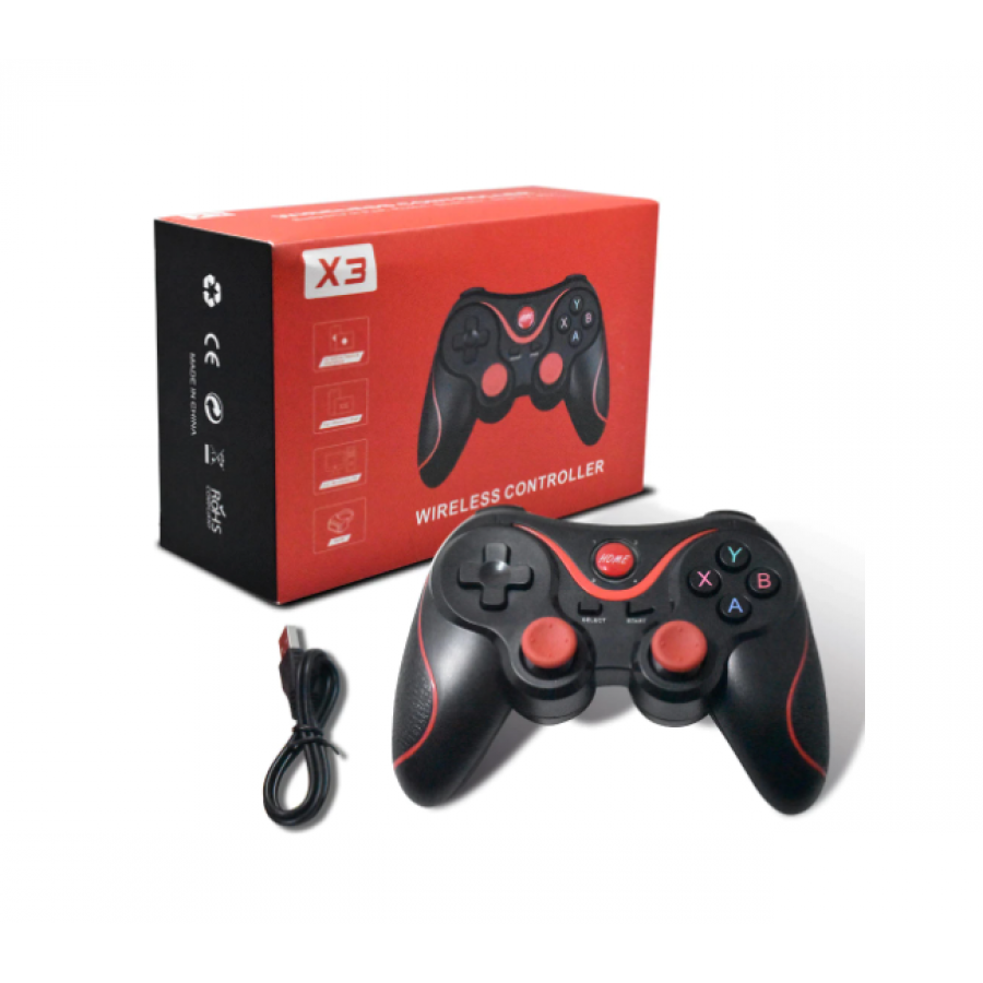 Controler KlaussTech Wireless pentru PC si Smartphone, Acumulator 500 mAH, Autonomie 8 h, Incarcare 2 h, Negru/Rosu