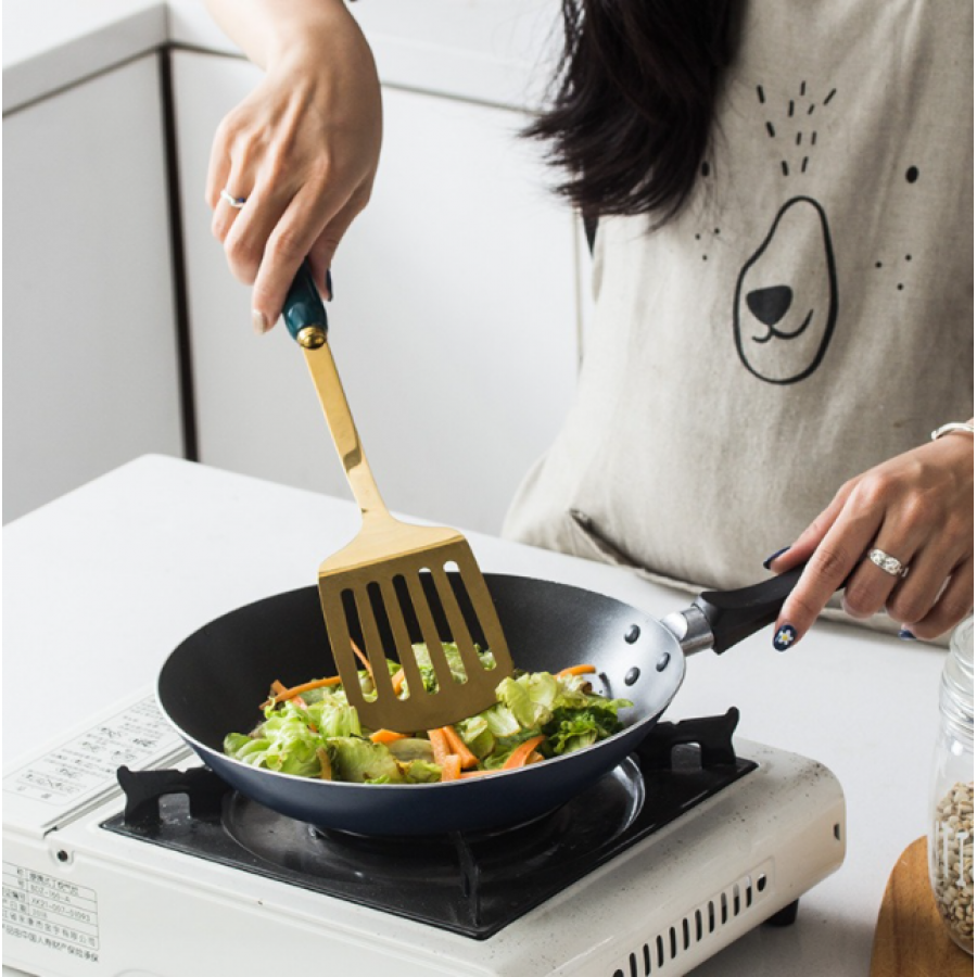 Set KlaussTech de 7 Ustensile de Bucatarie, Otel Inoxidabil, Manere ergonomice din ceramica, Culoare Auriu/Verde