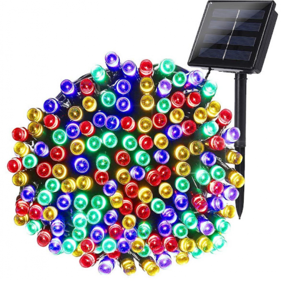 Instalatie KlaussTech Multicolora, 200 LED RGB, Alimentare la Panou Solar, Autonomie 8h, 3 Moduri iluminare, Negru