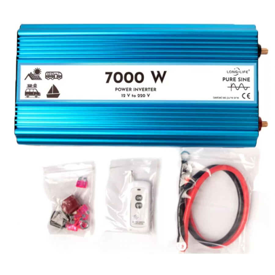 Invertor Sinus Pur de 7000W, Tensiune 12V-220V, Putere continua 3700W, 8 Protectii inteligente, Albastru
