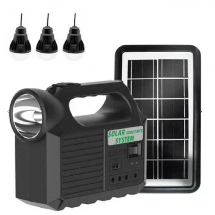 Kit Solar Portabil cu 3 becuri, Bluetooth, FM / TF, USB, LED SMD, 8000 mAH, Operare 14 h, Lanterna LED, Incarcare 10 h, Negru