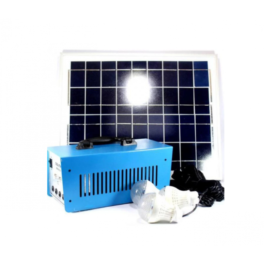 Sistem Solar Voltaic cu 3 Becuri LED SMD, 2 x Sloturi USB 5V, Panou solar 20W 34 x 45 cm, Invertor 220 V, Buton ON/OFF, Albastru