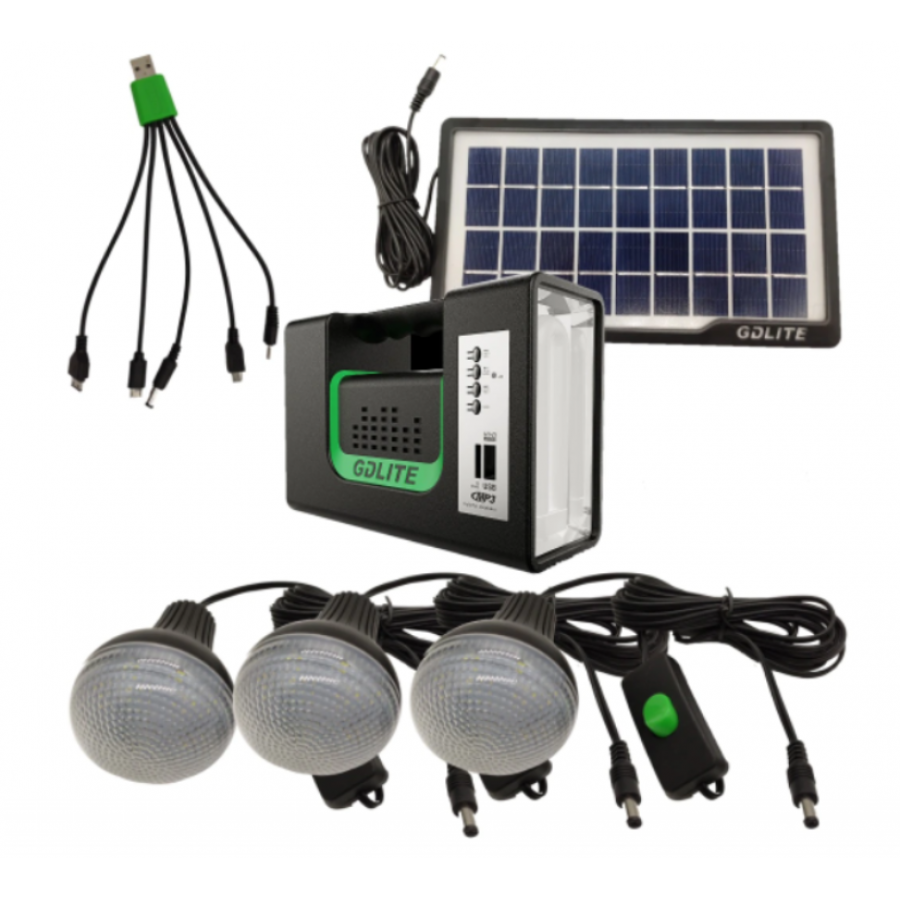Kit pentru Iluminare cu Lanterna, Panou solar 9W, 10 W, 3 Becuri LED, Port USB, MP3 Player, Radio FM, Negru