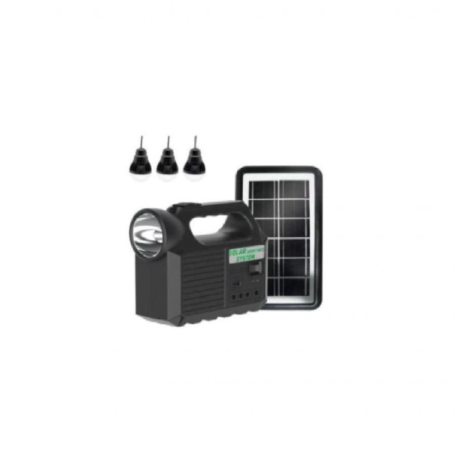 Kit Solar Portabil cu 3 becuri, Bluetooth, FM / TF, USB, LED SMD, 8000 mAH, Operare 14 h, Lanterna LED, Incarcare 10 h, Negru