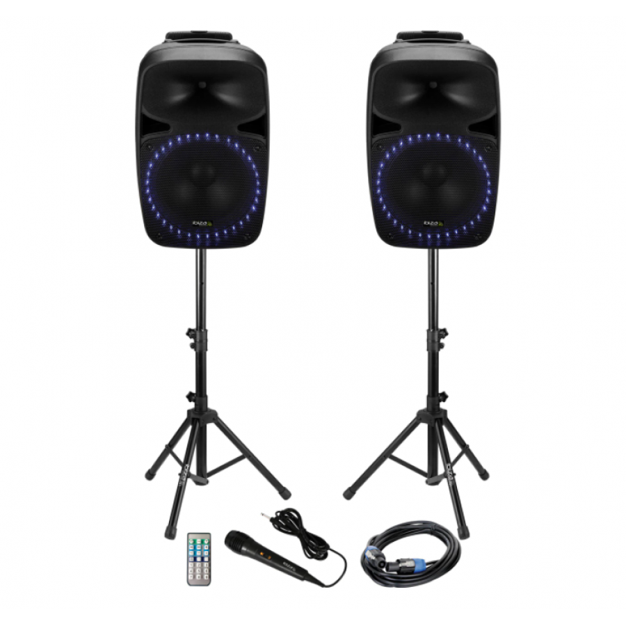 Set De 2 Boxe, Active, Difuzoare 15 Inch, Putere 2 X 500w, Conectivitate Usb, Sd Card, Bluetooth, Accesorii Incluse, Lumini, Negru