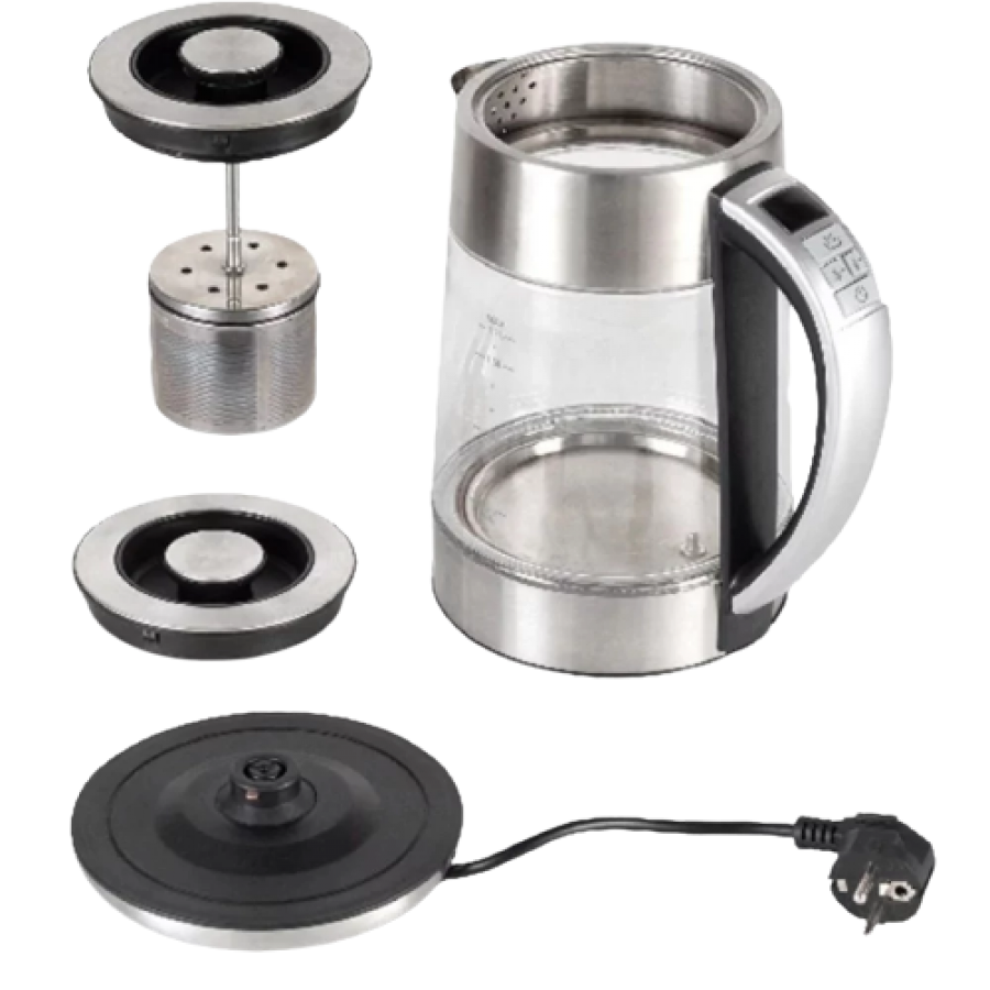 Fierbator Pentru Ceai, Material Din Sticla, Putere 2000 W, Capacitate 1.7l, Rotire La 360°, Oprire Automata, Argintiu