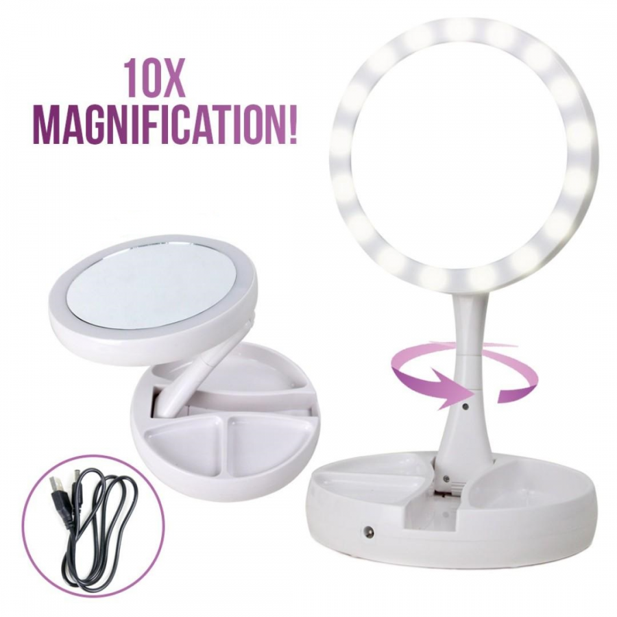 Oglinda Iluminata pentru Machiaj KlaussTech, Marire 10x, Reglabila, Usor de Folosit, Usor de Instalat, Alb