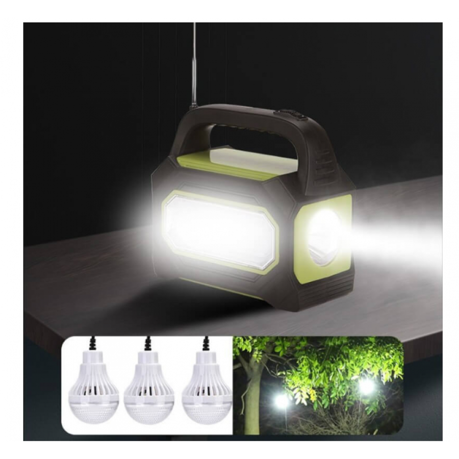 Kit Solar pentru Camping cu 3 Becuri LED, MP3 Bluetooth, USB, Radio FM, Lanterna, Panou solar, 8 W, 4500 mAH, Autonomie 8 - 24 h, Negru/Verde