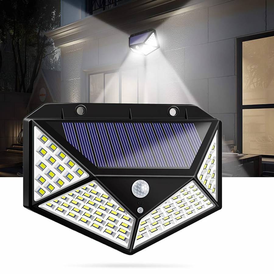 Lampa Solara KlaussTech cu Panou Solar, 100 LED-uri, Senzor de miscare, IP65 Waterproof, 2200 mAH, ABS, 600 lm, Negru