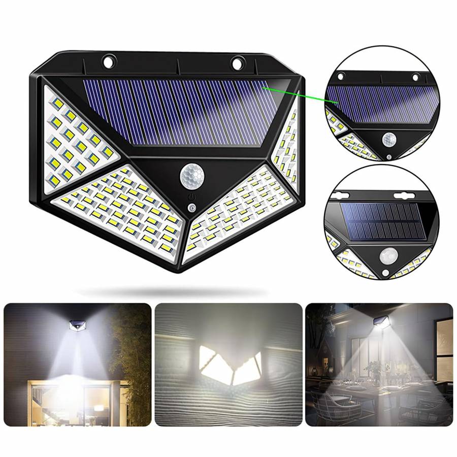 Lampa Solara KlaussTech cu Panou Solar, 100 LED-uri, Senzor de miscare, IP65 Waterproof, 2200 mAH, ABS, 600 lm, Negru