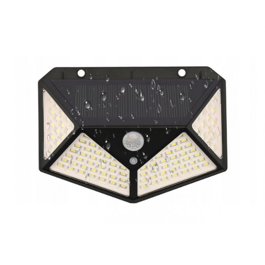 Lampa Solara KlaussTech cu Panou Solar, 100 LED-uri, Senzor de miscare, IP65 Waterproof, 2200 mAH, ABS, 600 lm, Negru