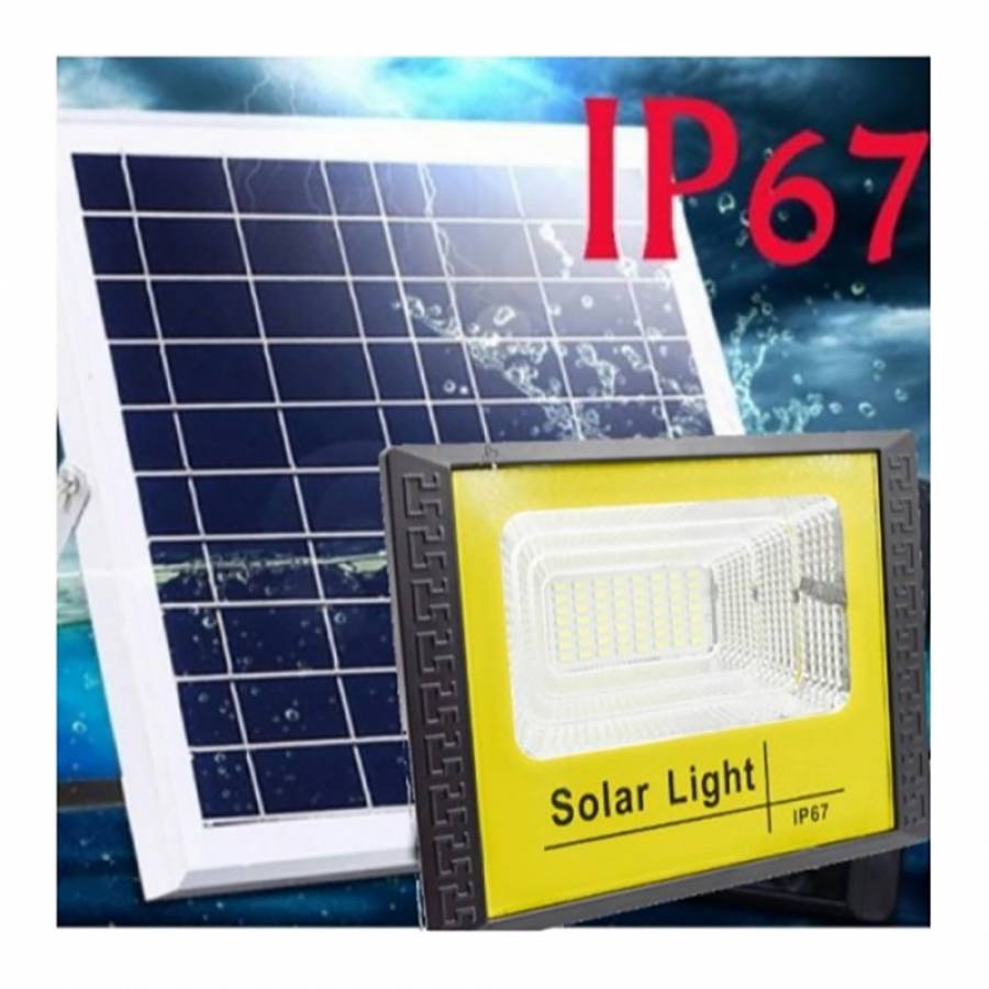 Proiector LED KlaussTech cu panou solar, Telecomanda inclusa, 100W, 6500 k, Autonomie 12 h, Negru/Galben