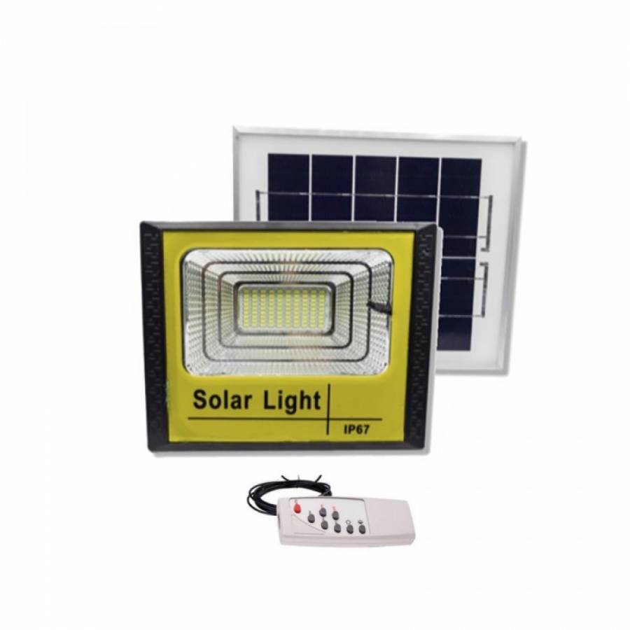 Proiector LED KlaussTech cu panou solar, Telecomanda inclusa, 100W, 6500 k, Autonomie 12 h, Negru/Galben