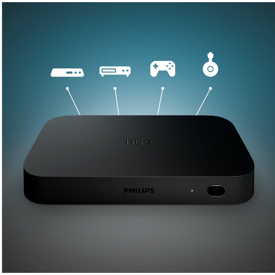 Sync Box pentru sincronizarea luminilor, HUE HDMI, Wi-Fi, 4 x Porturi, 4K 60Hz HDR10+ si Dolby Vision, Asistenti vocali Amazon/Alexa si Google Assistant, Negru