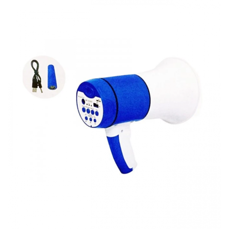 Megafon KlaussTech 15 W cu acumulator Li-ion, Diametru 13 cm, PVC, Incarcare USB, Albastru/Alb