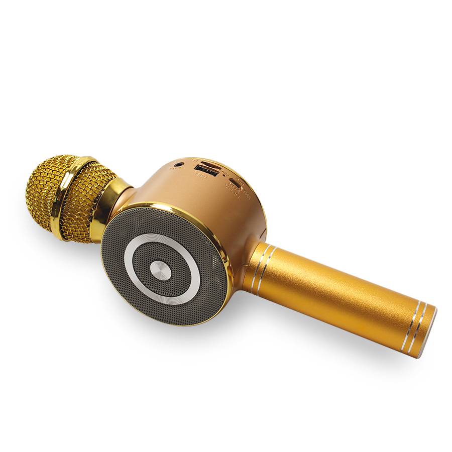 Microfon KlaussTech cu Proiectie Lumini RGB, Bluetooth, Port USB, Cititor card, 3 W, 115 dB, Auriu