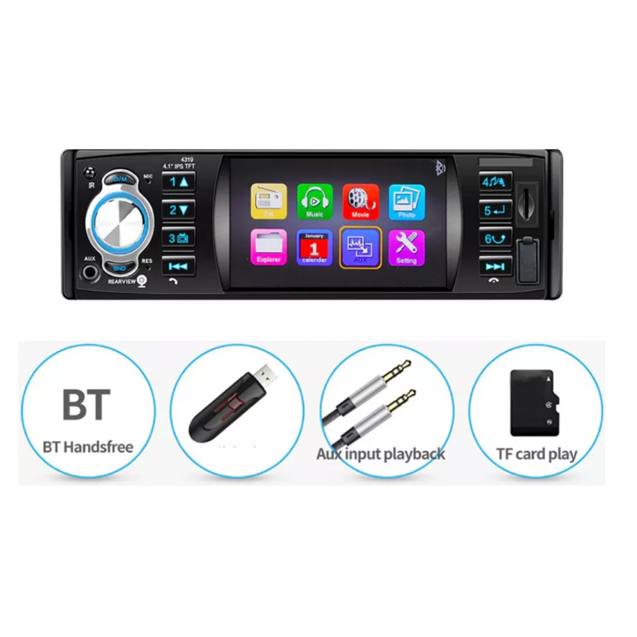 MP5 Player Auto KlaussTech 1DIN cu Ecran LCD  4.1, 4 x 45 W, Bluetooth, AUX si USB, Radio, Telecomanda, Negru
